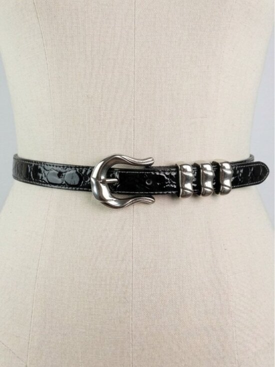 Escada Accessories - Escada Croc Embossed Patent Leather Belt Size 38 Small Black Silver Vintage 80s